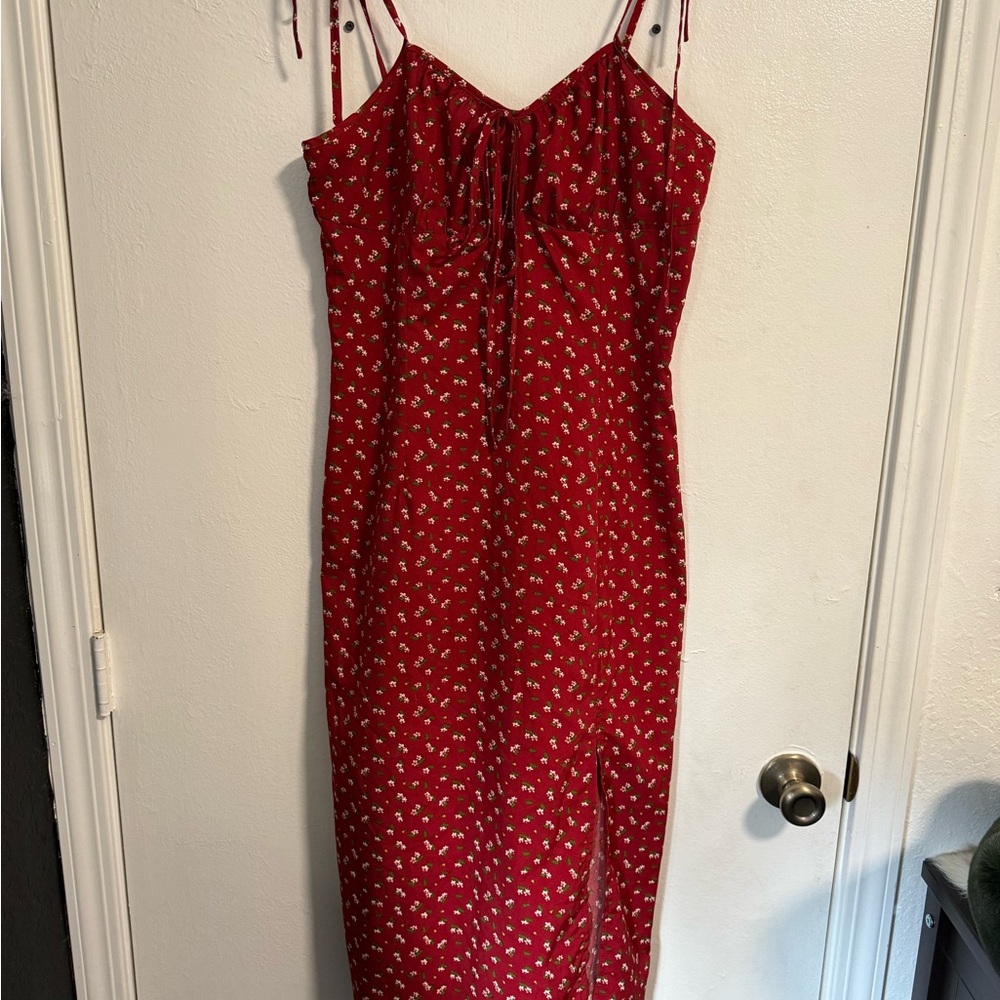 SHEIN Cottage Core Red Floral Midi Dress